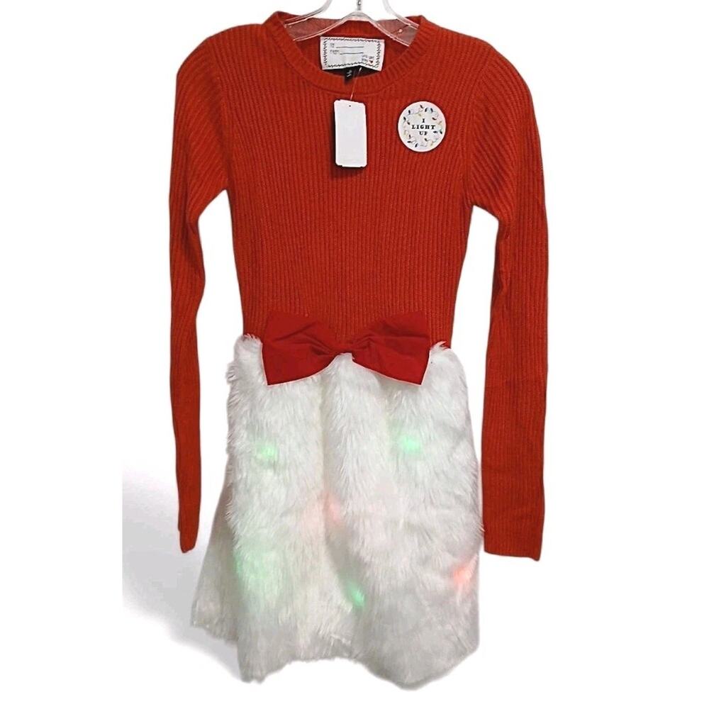 Forever 21 GIRLS Lights Up Twinkle Red Holiday Dress White Fur Extra Batteries